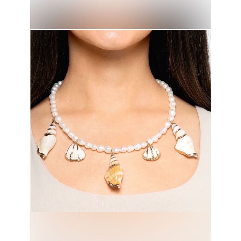 Pearl and Gold Shell Statement Necklace  with matching bracelet Beach Bride - Picture 2 of 14